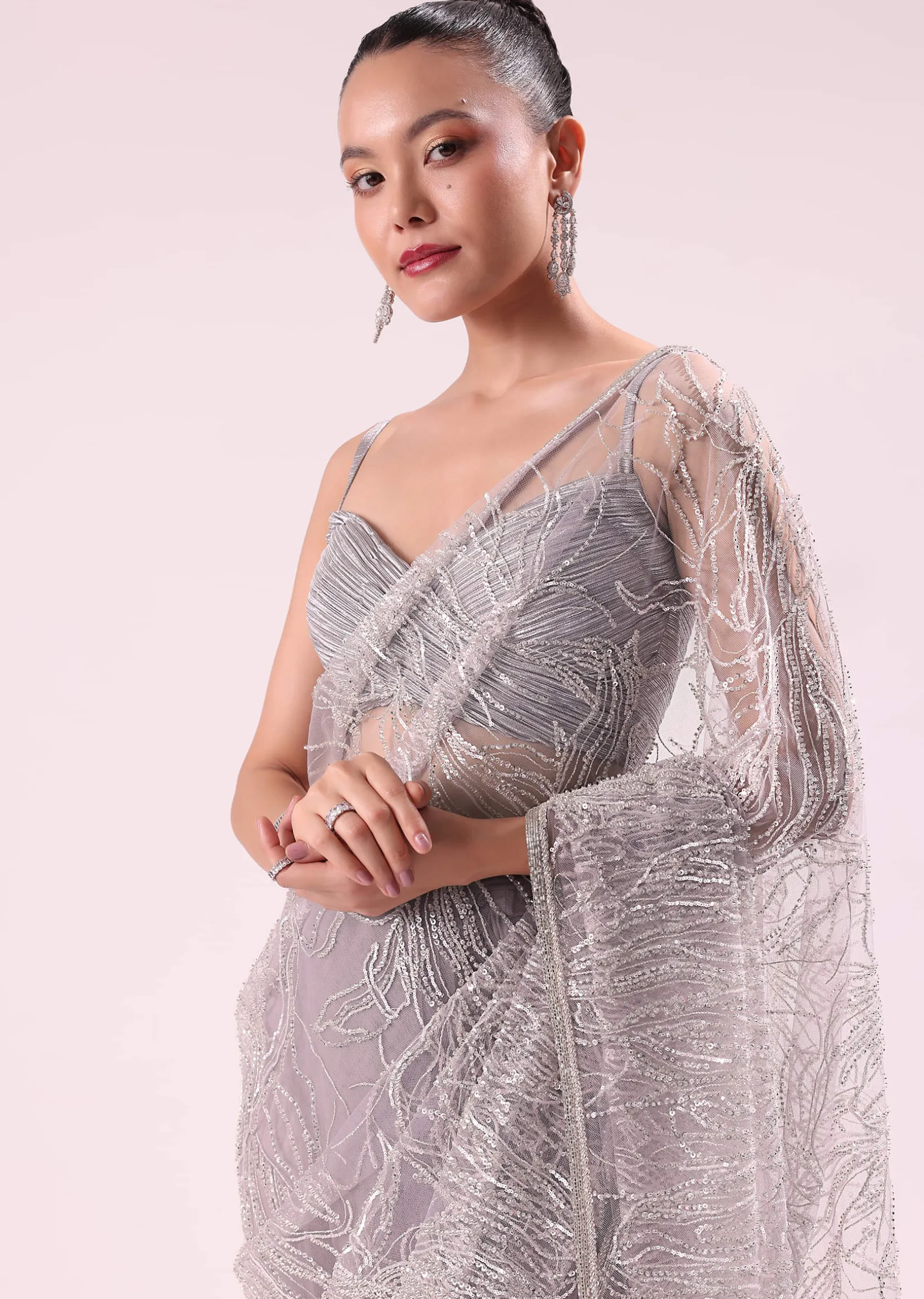 Lilac Fancy Sequence Net Saree With Ruched Stitched