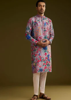 Lilac Floral Printed Silk Kurta Set