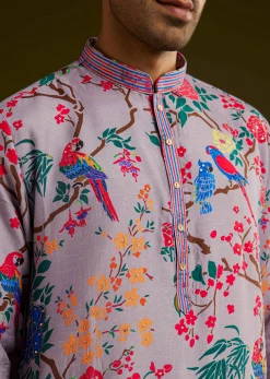 Lilac Floral Printed Silk Kurta Set