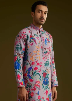 Lilac Floral Printed Silk Kurta Set