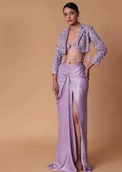 Lilac Foil Print Draped Slit Skirt With Bustier And Short Jacket