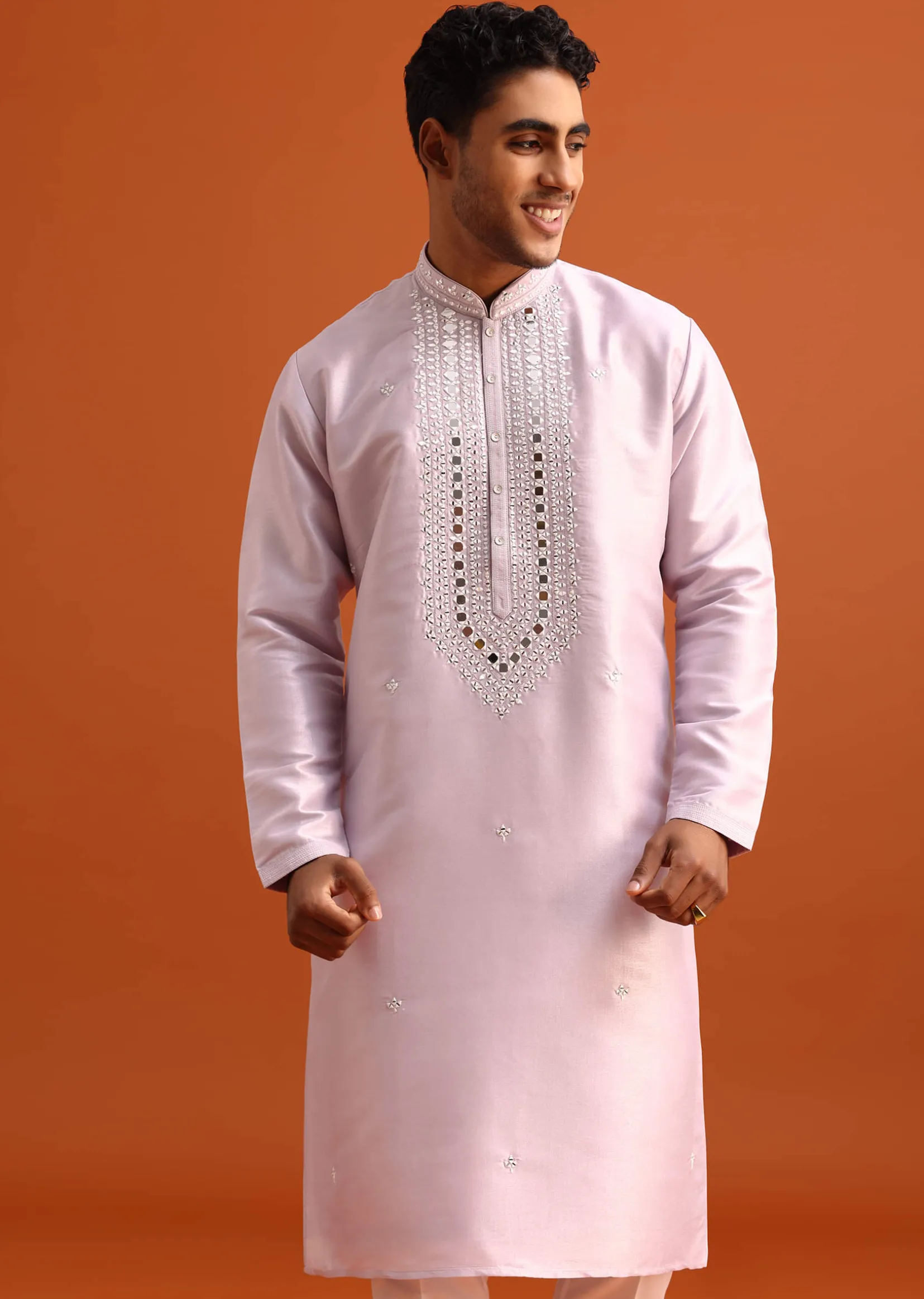 Lilac Kurta Pant Set In Silk With Mirror Embellishments