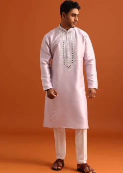 Lilac Kurta Pant Set In Silk With Mirror Embellishments