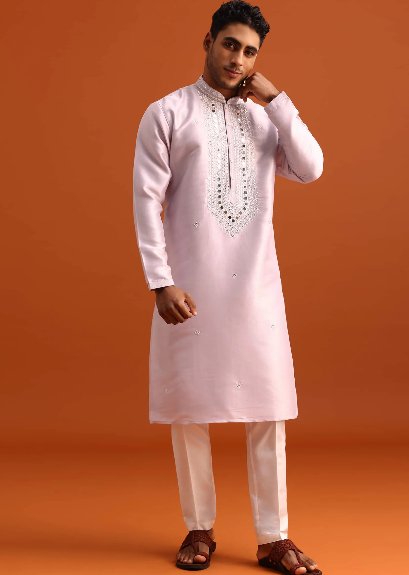 Lilac Kurta Pant Set In Silk With Mirror Embellishments