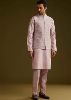 Lilac Kurta Set In Cotton Silk With Mirror Threadwork Jacket