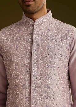 Lilac Kurta Set In Cotton Silk With Mirror Threadwork Jacket