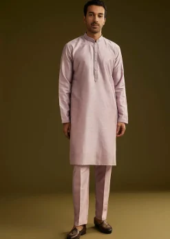 Lilac Kurta Set In Cotton Silk With Mirror Threadwork Jacket