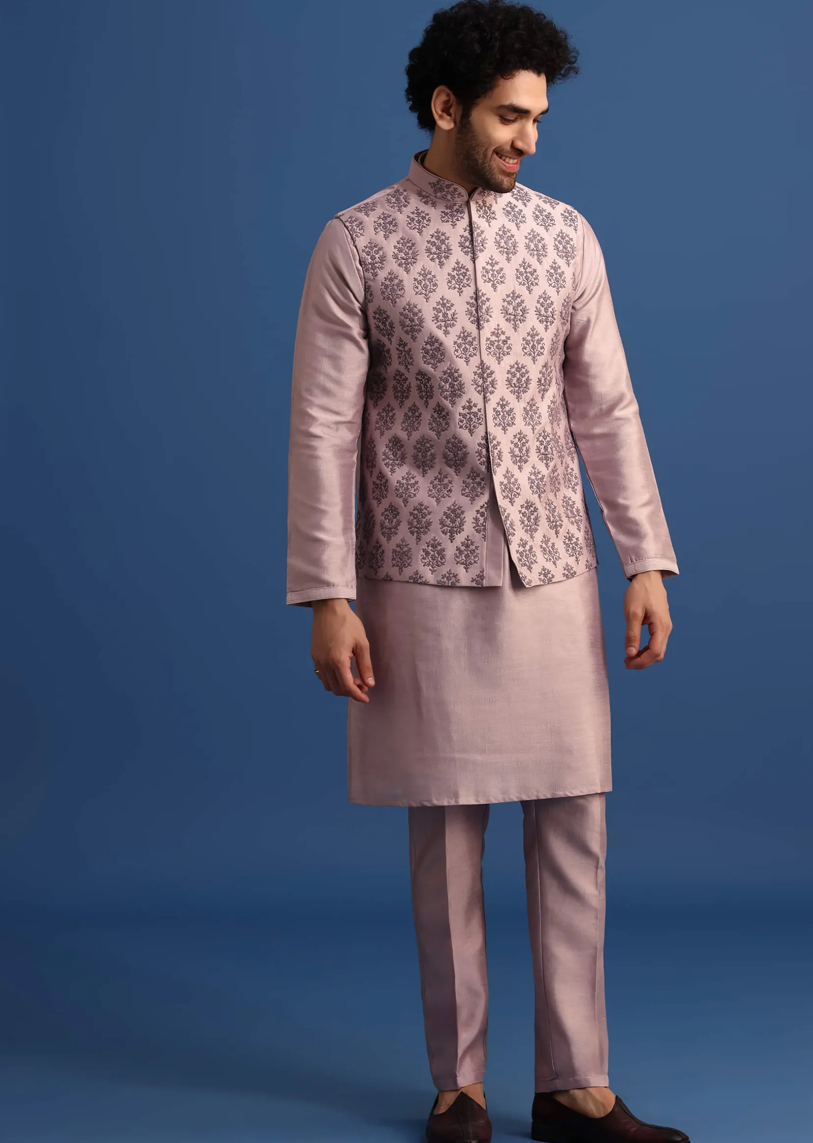 Lilac Kurta Set With Dori And Stone Embroidered Jacket