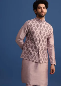 Lilac Kurta Set With Dori And Stone Embroidered Jacket
