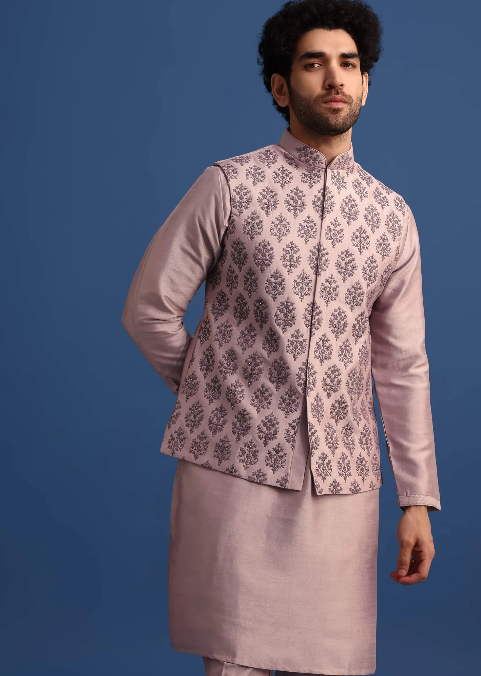 Lilac Kurta Set With Dori And Stone Embroidered Jacket