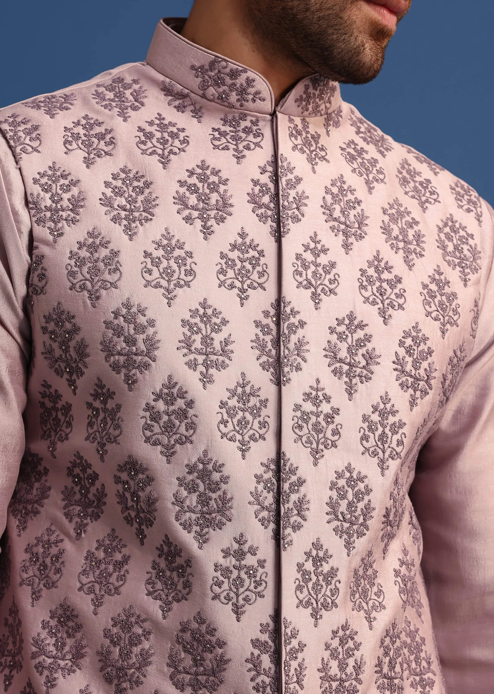 Lilac Kurta Set With Dori And Stone Embroidered Jacket