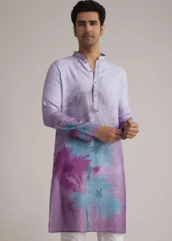 Lilac Linen Kurta Set With Ombre Abstract Print