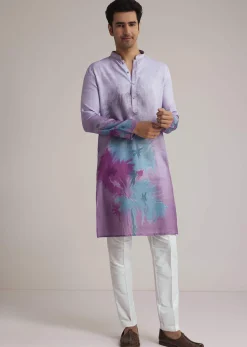 Lilac Linen Kurta Set With Ombre Abstract Print
