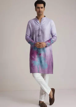 Lilac Linen Kurta Set With Ombre Abstract Print