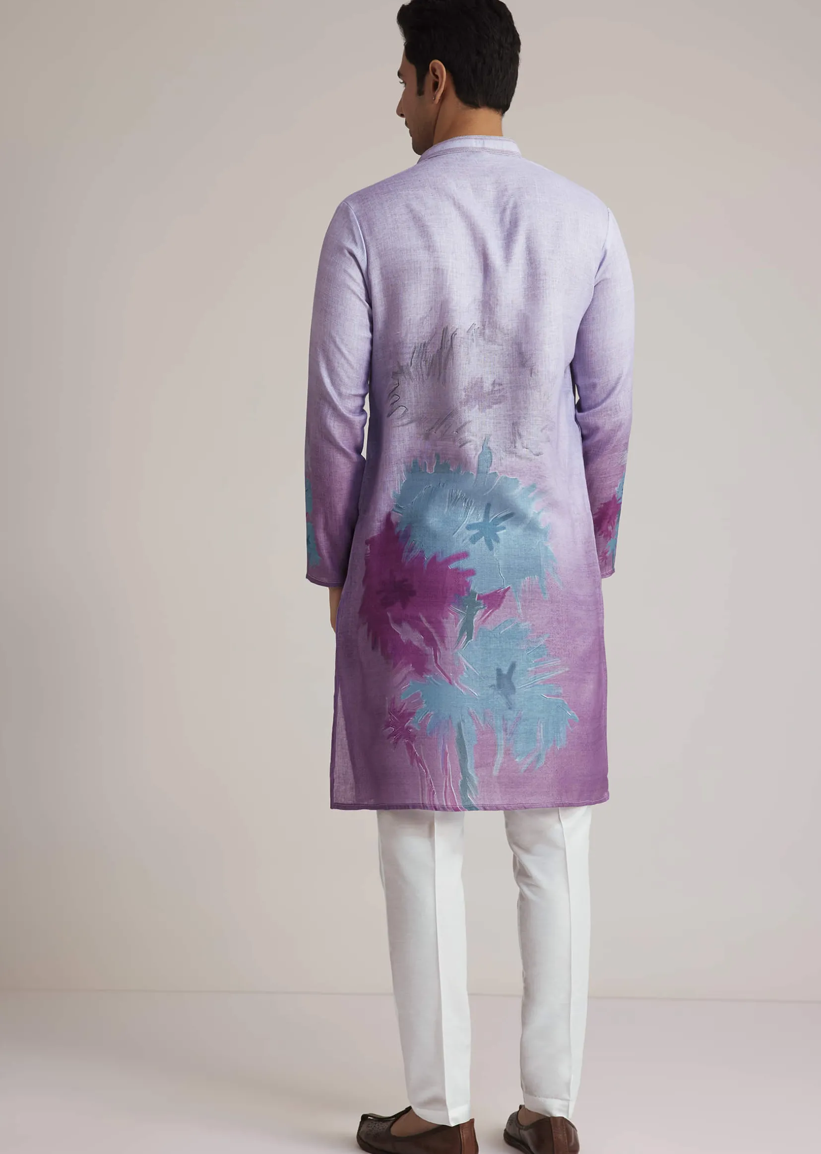 Lilac Linen Kurta Set With Ombre Abstract Print