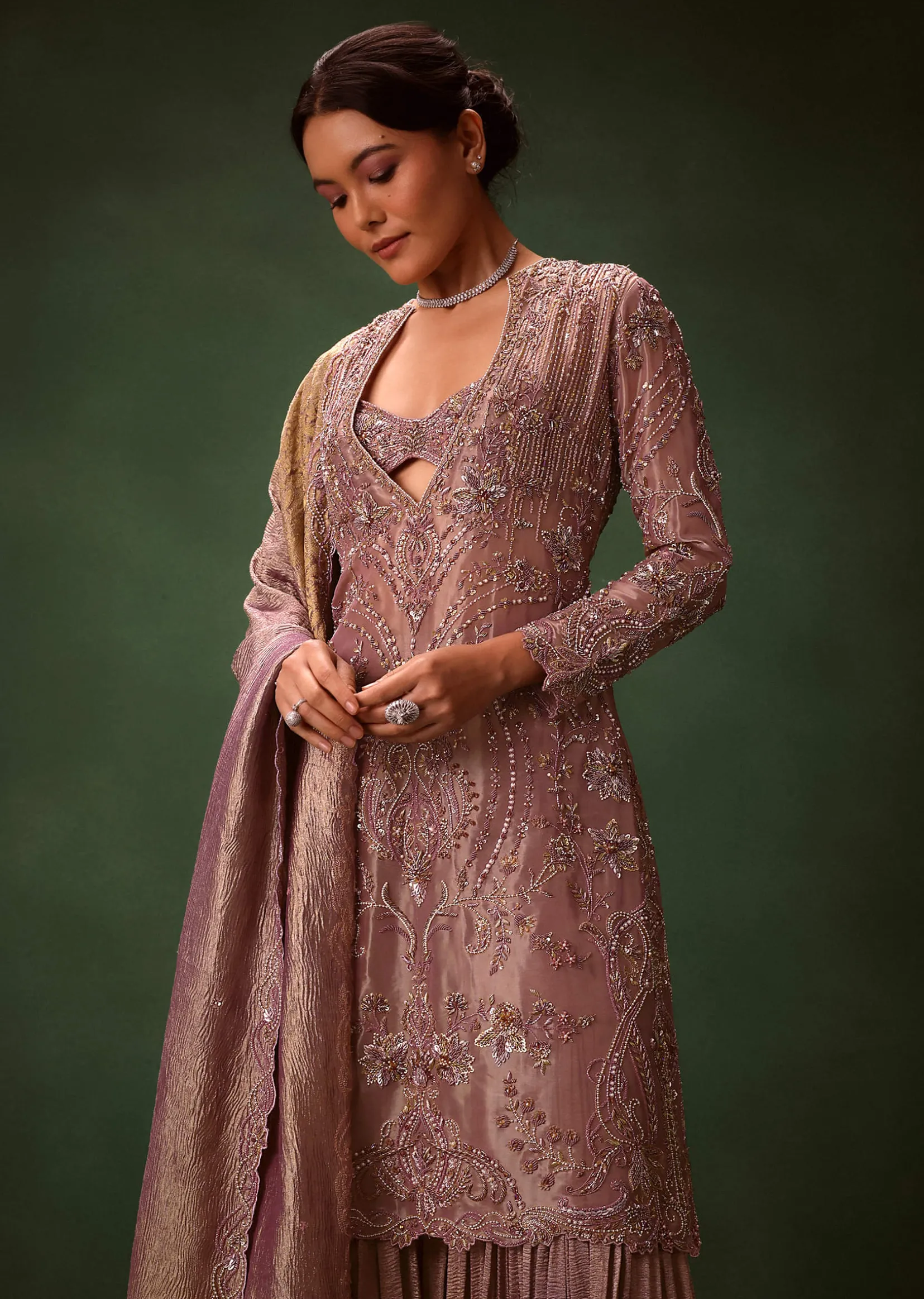 Lilac Platinum Tissue Kurti Set With Hand Embroidered Gharara Pants And Dupatta