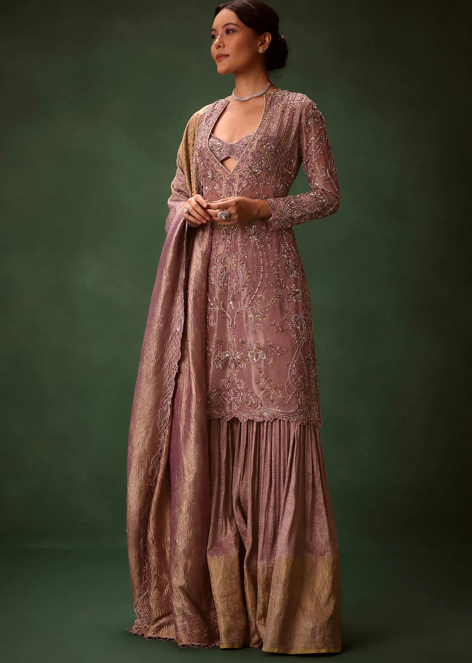 Lilac Platinum Tissue Kurti Set With Hand Embroidered Gharara Pants And Dupatta
