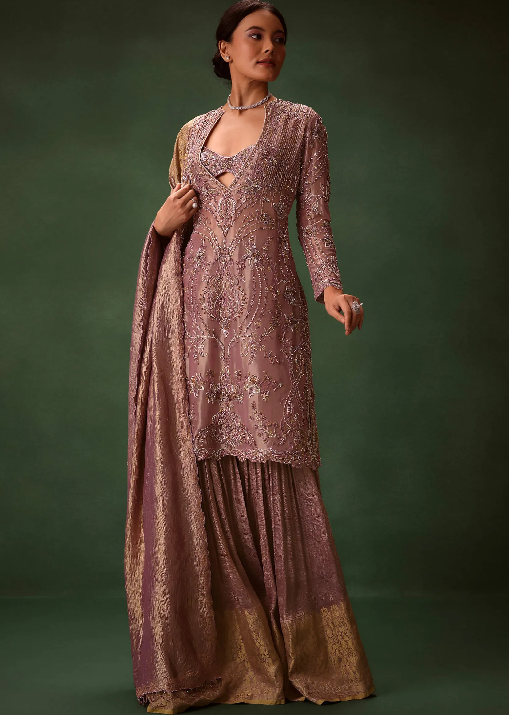 Lilac Platinum Tissue Kurti Set With Hand Embroidered Gharara Pants And Dupatta