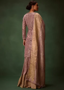 Lilac Platinum Tissue Kurti Set With Hand Embroidered Gharara Pants And Dupatta