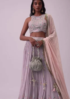 Lilac Purple Embroidered Georgette Lehenga and Silk Blouse Set