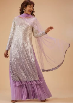 Lilac Purple Palazzo Suit Set In Sequin