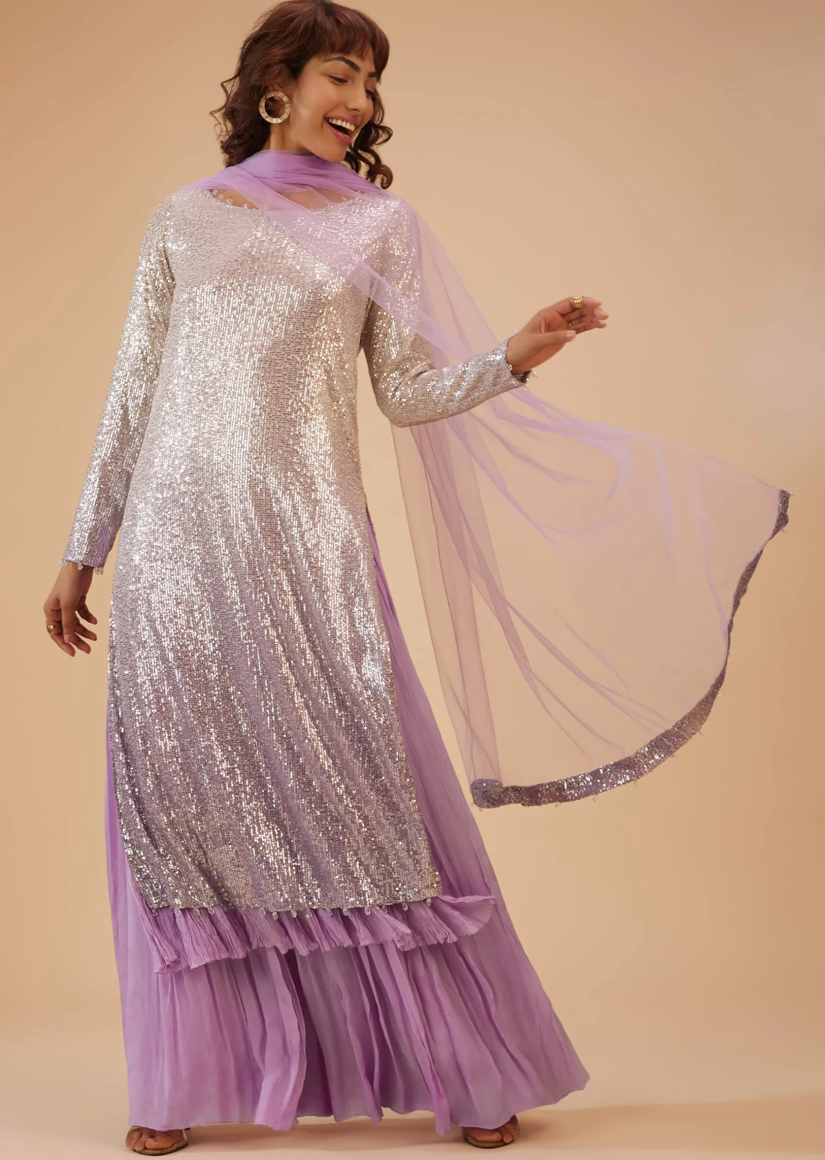Lilac Purple Palazzo Suit Set In Sequin