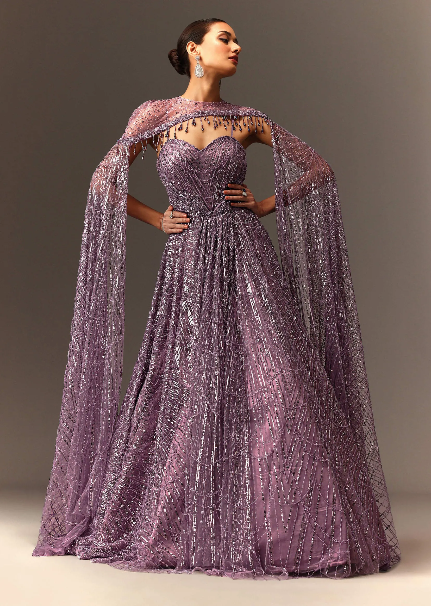 Lilac Sequin Gown With Attached Cheeta Work Cape Sleeves