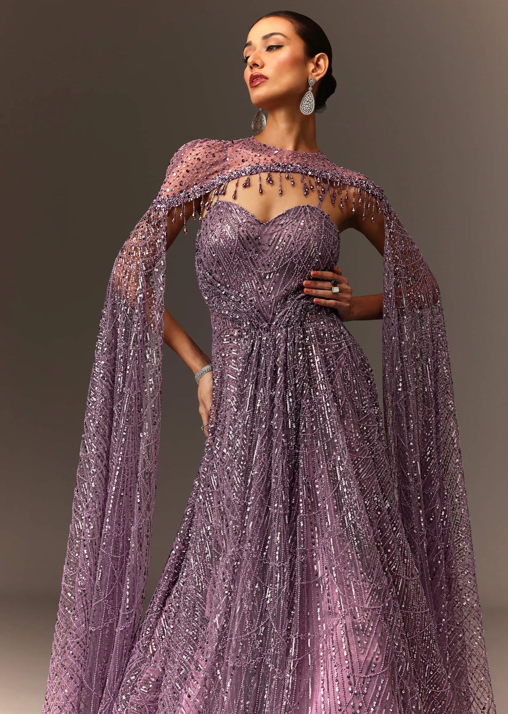 Lilac Sequin Gown With Attached Cheeta Work Cape Sleeves