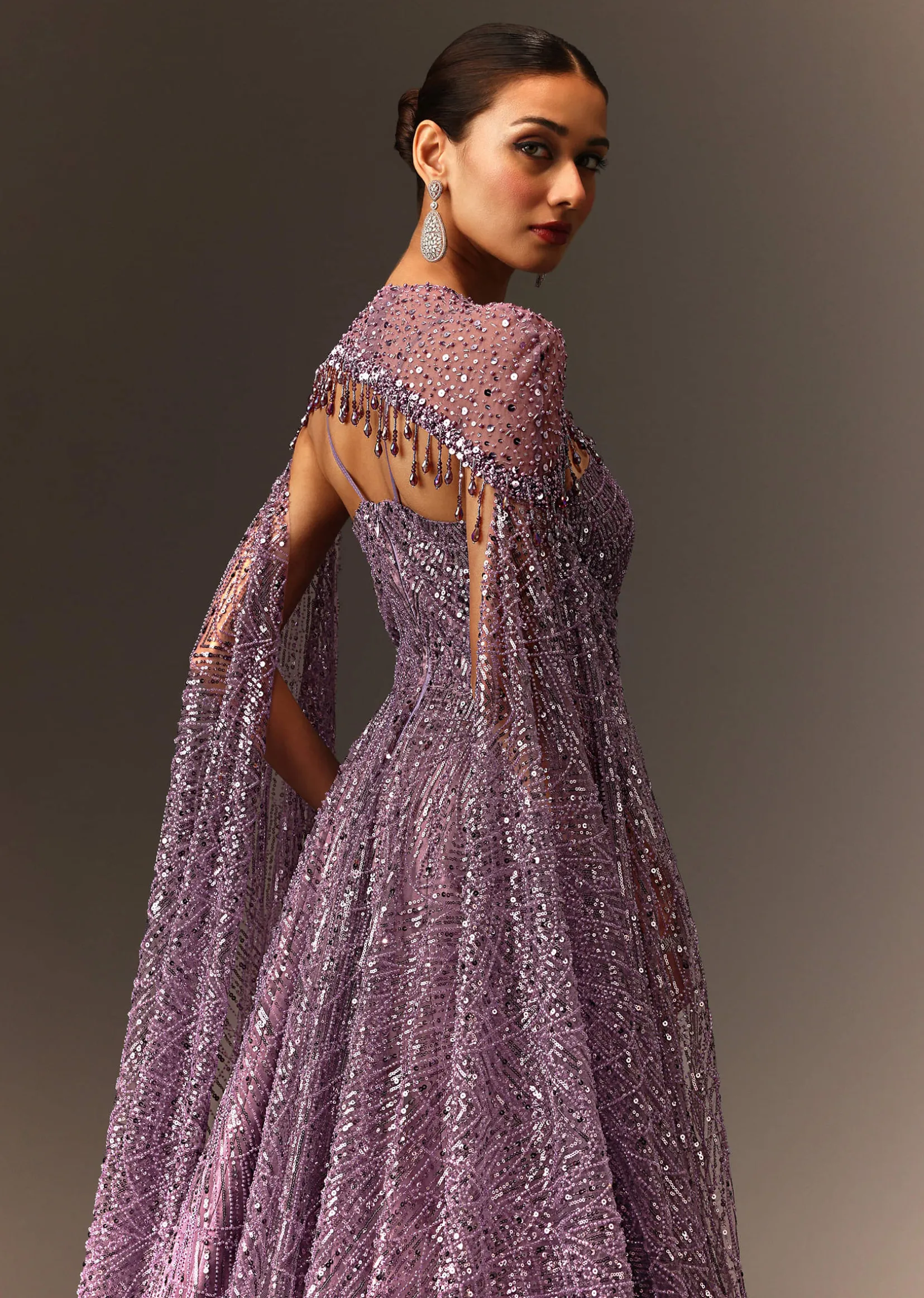Lilac Sequin Gown With Attached Cheeta Work Cape Sleeves