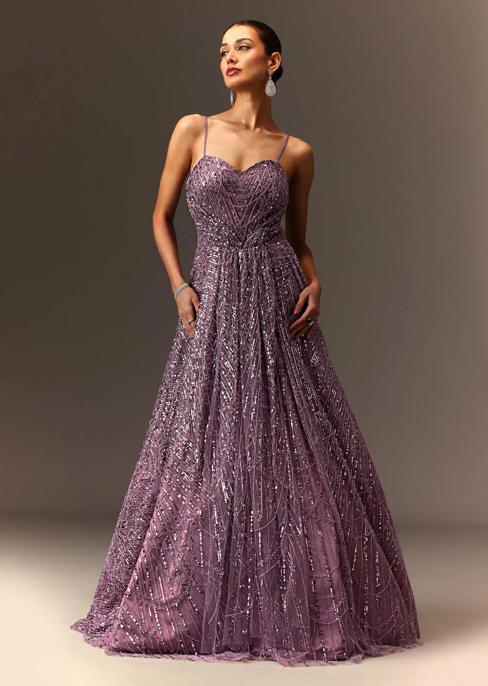 Lilac Sequin Gown With Attached Cheeta Work Cape Sleeves