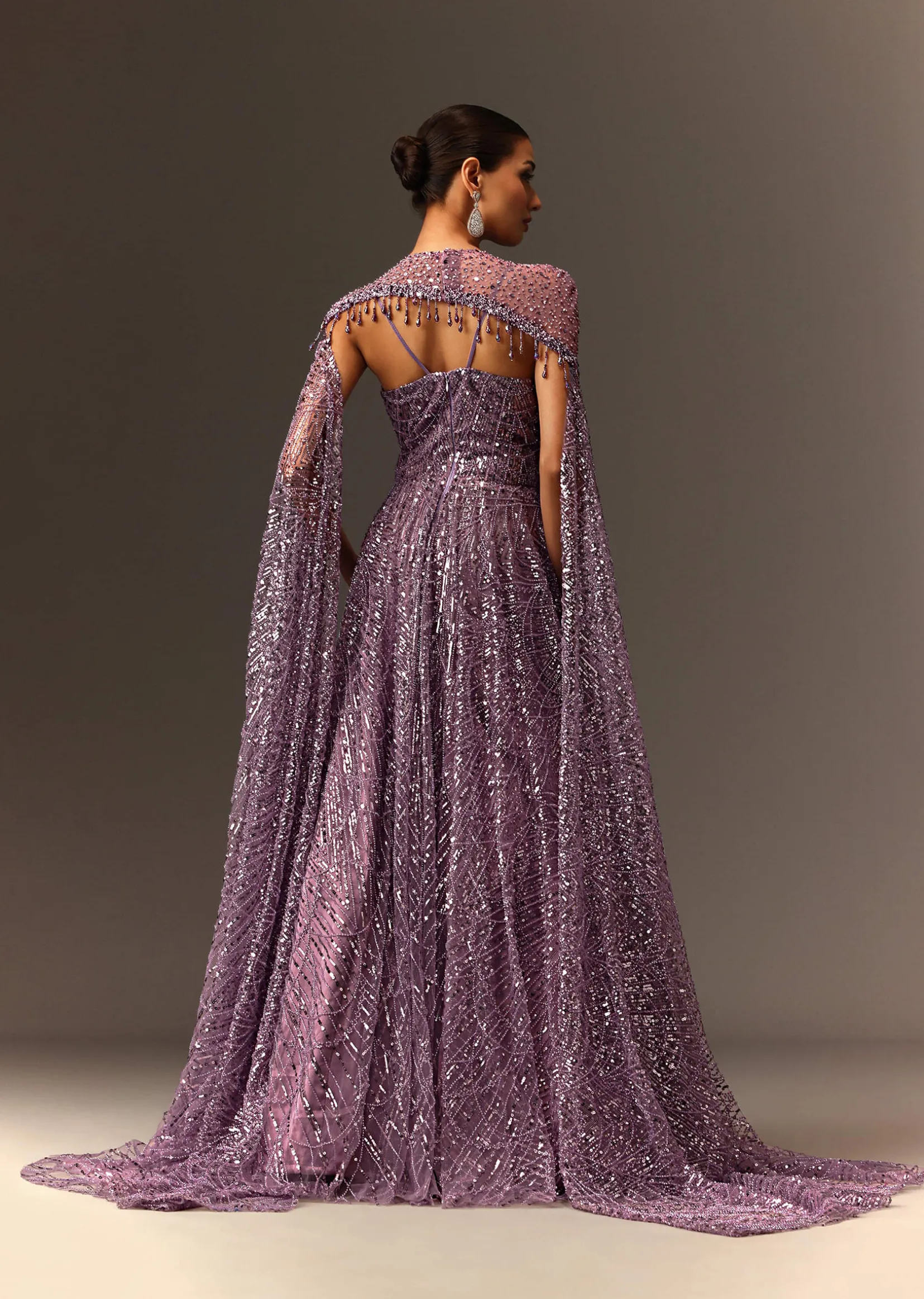 Lilac Sequin Gown With Attached Cheeta Work Cape Sleeves
