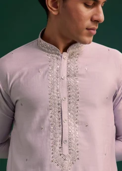 Lilac Silk Hand Embroidered Yoke Kurta Set
