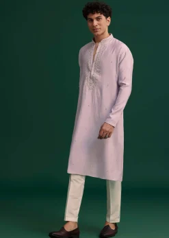 Lilac Silk Hand Embroidered Yoke Kurta Set