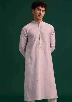 Lilac Silk Hand Embroidered Yoke Kurta Set