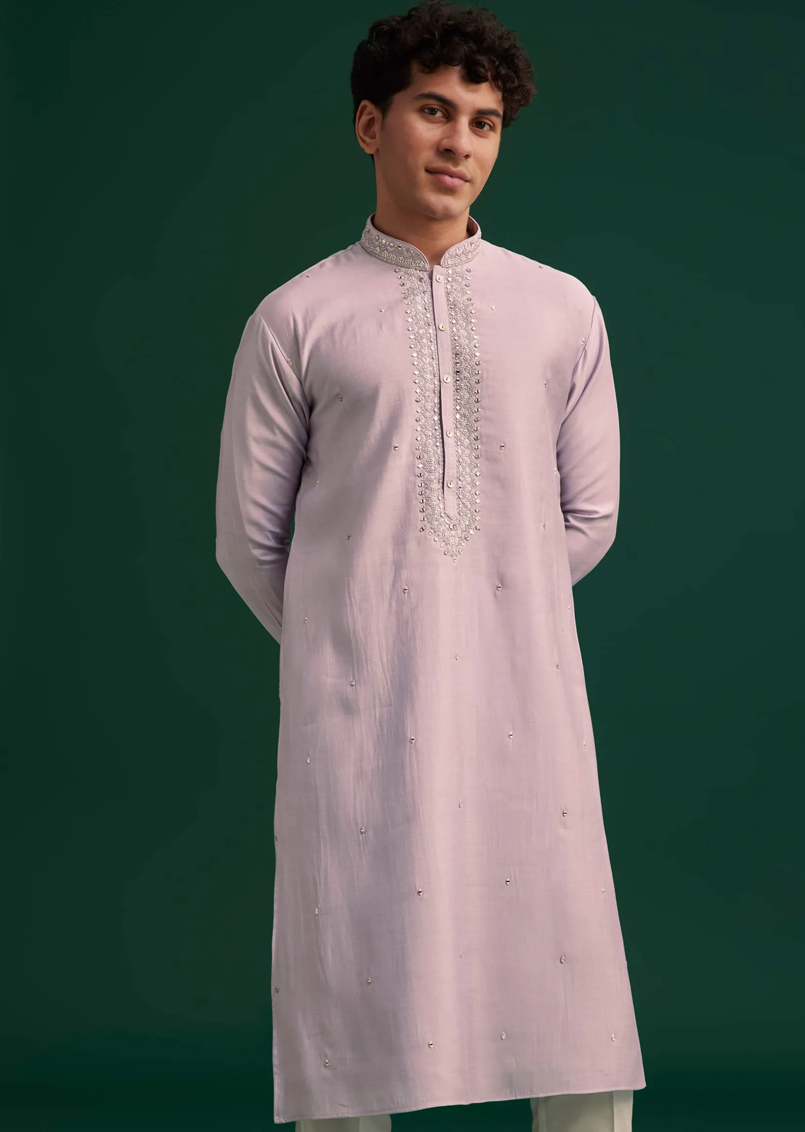 Lilac Silk Hand Embroidered Yoke Kurta Set