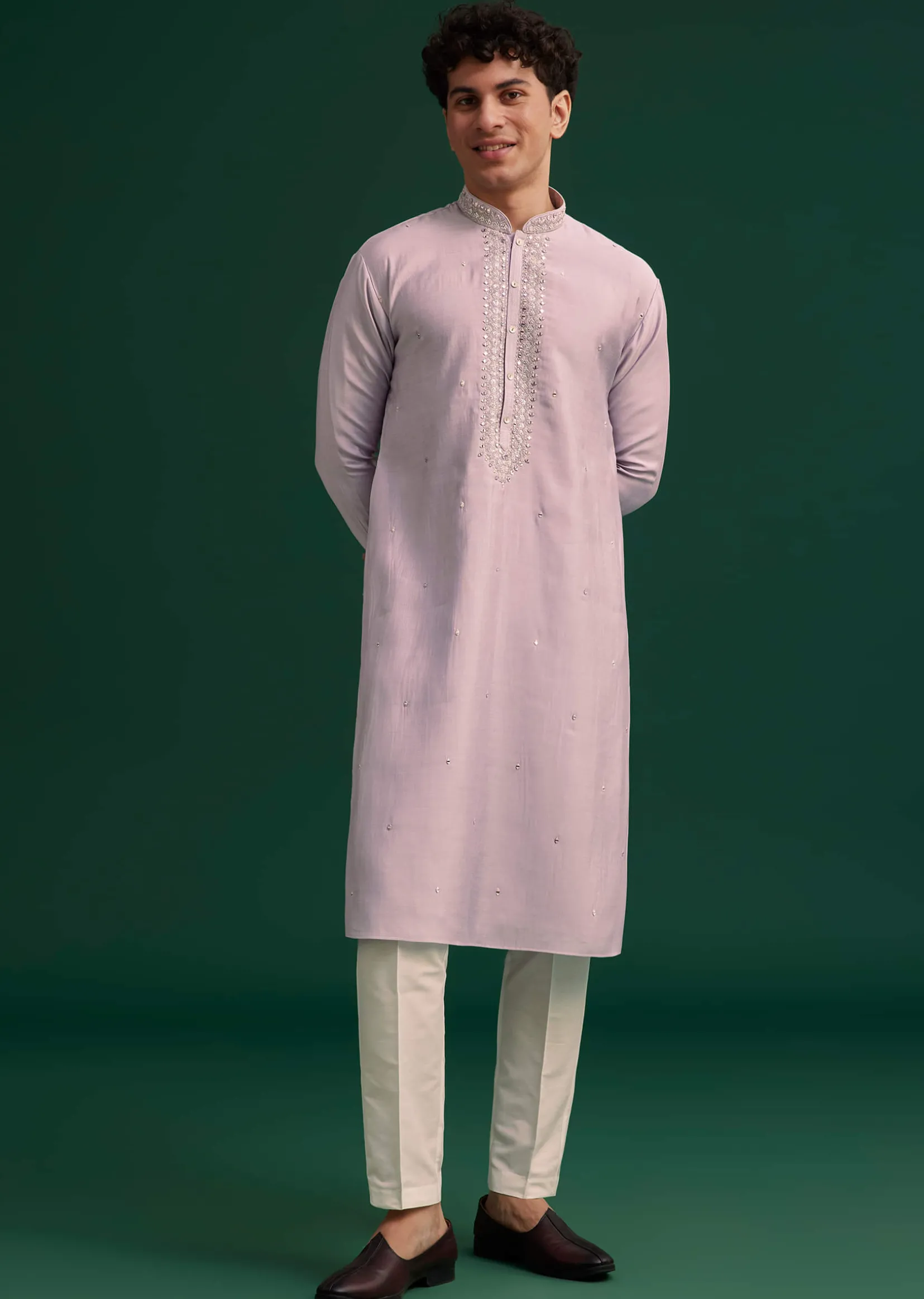 Lilac Silk Hand Embroidered Yoke Kurta Set