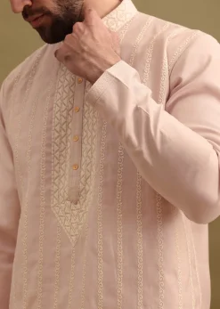 Lilac Silk Kurta Set With Resham Work For Men
