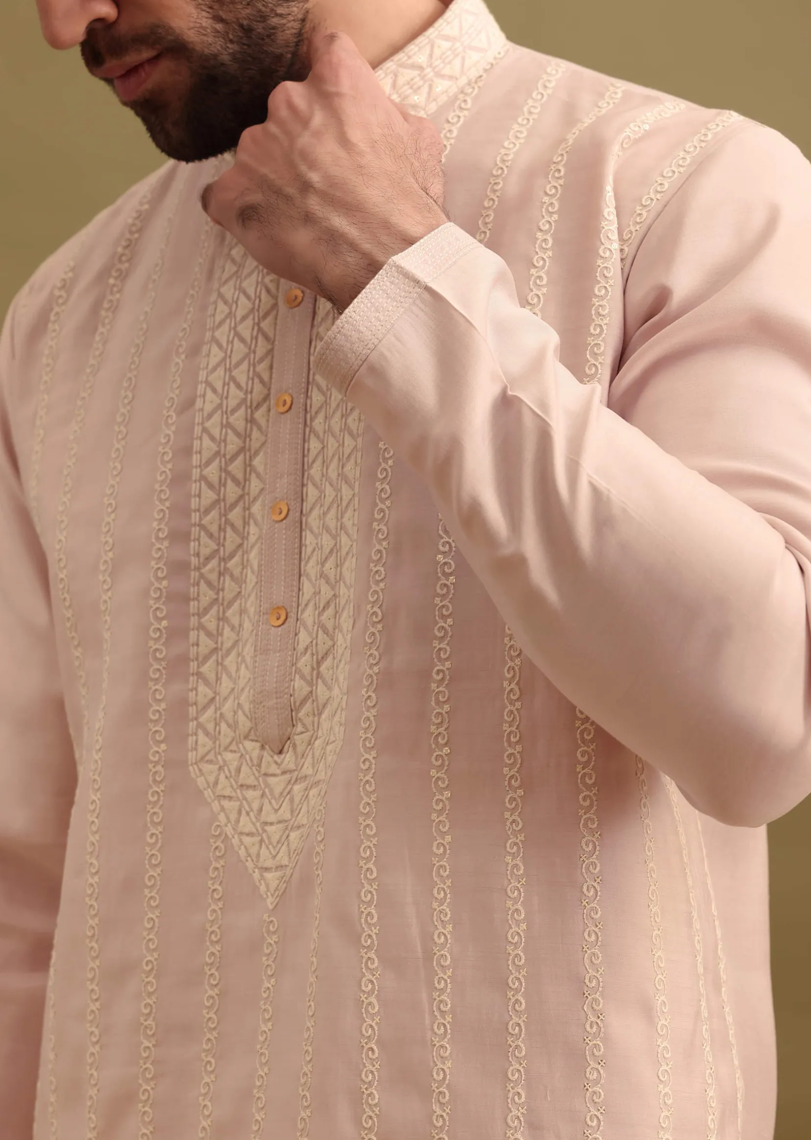 Lilac Silk Kurta Set With Resham Work For Men