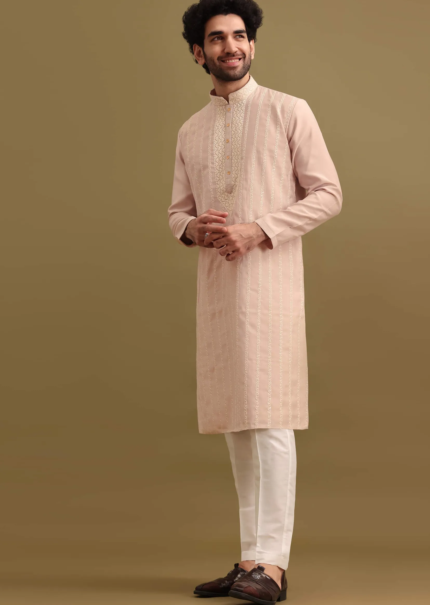Lilac Silk Kurta Set With Resham Work For Men