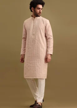 Lilac Silk Kurta Set With Resham Work For Men
