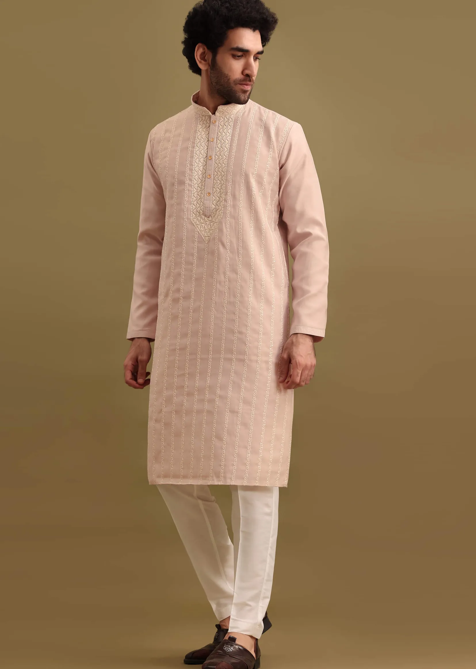 Lilac Silk Kurta Set With Resham Work For Men