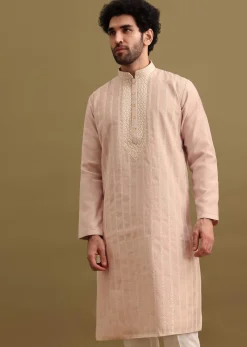 Lilac Silk Kurta Set With Resham Work For Men