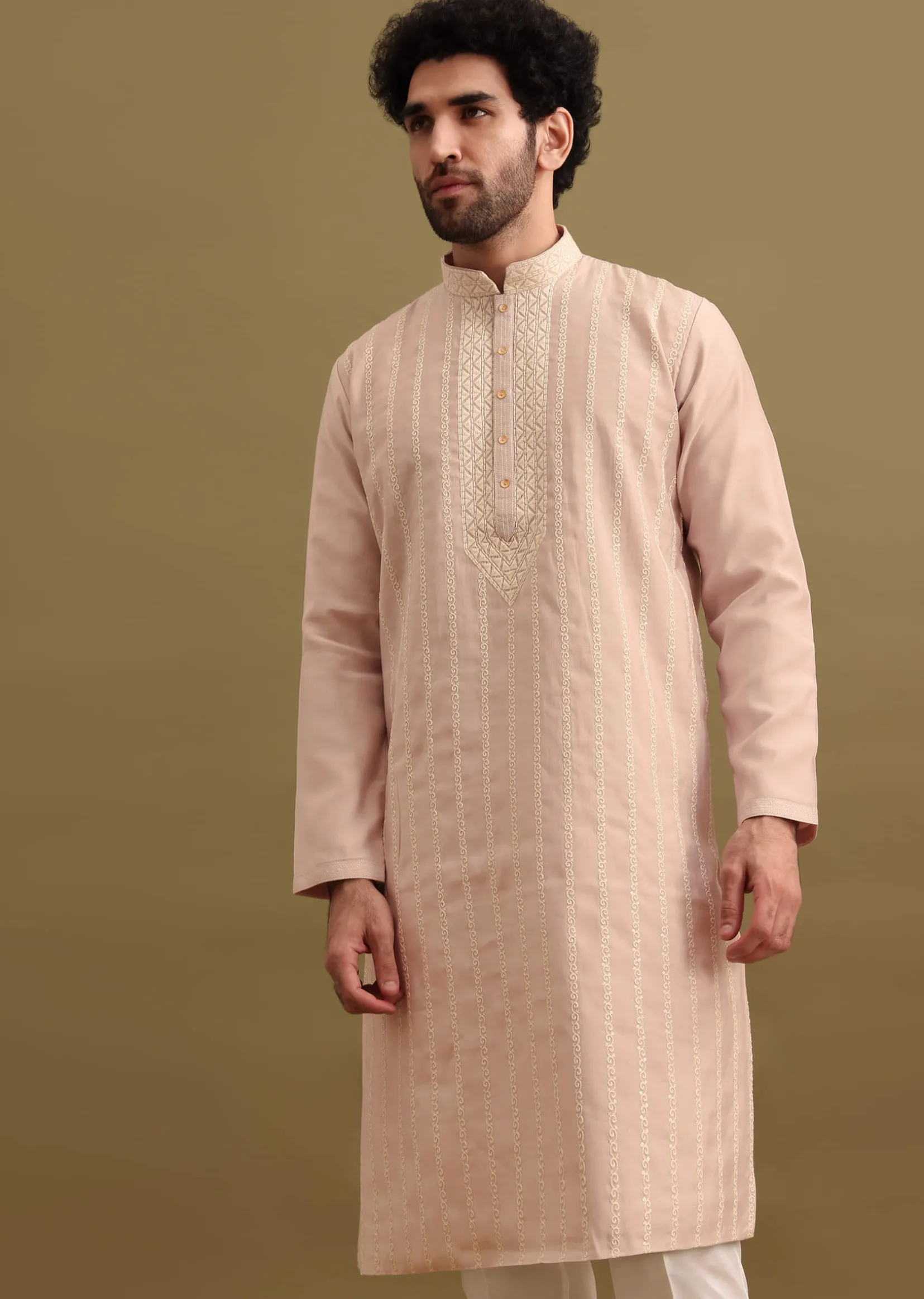 Lilac Silk Kurta Set With Resham Work For Men