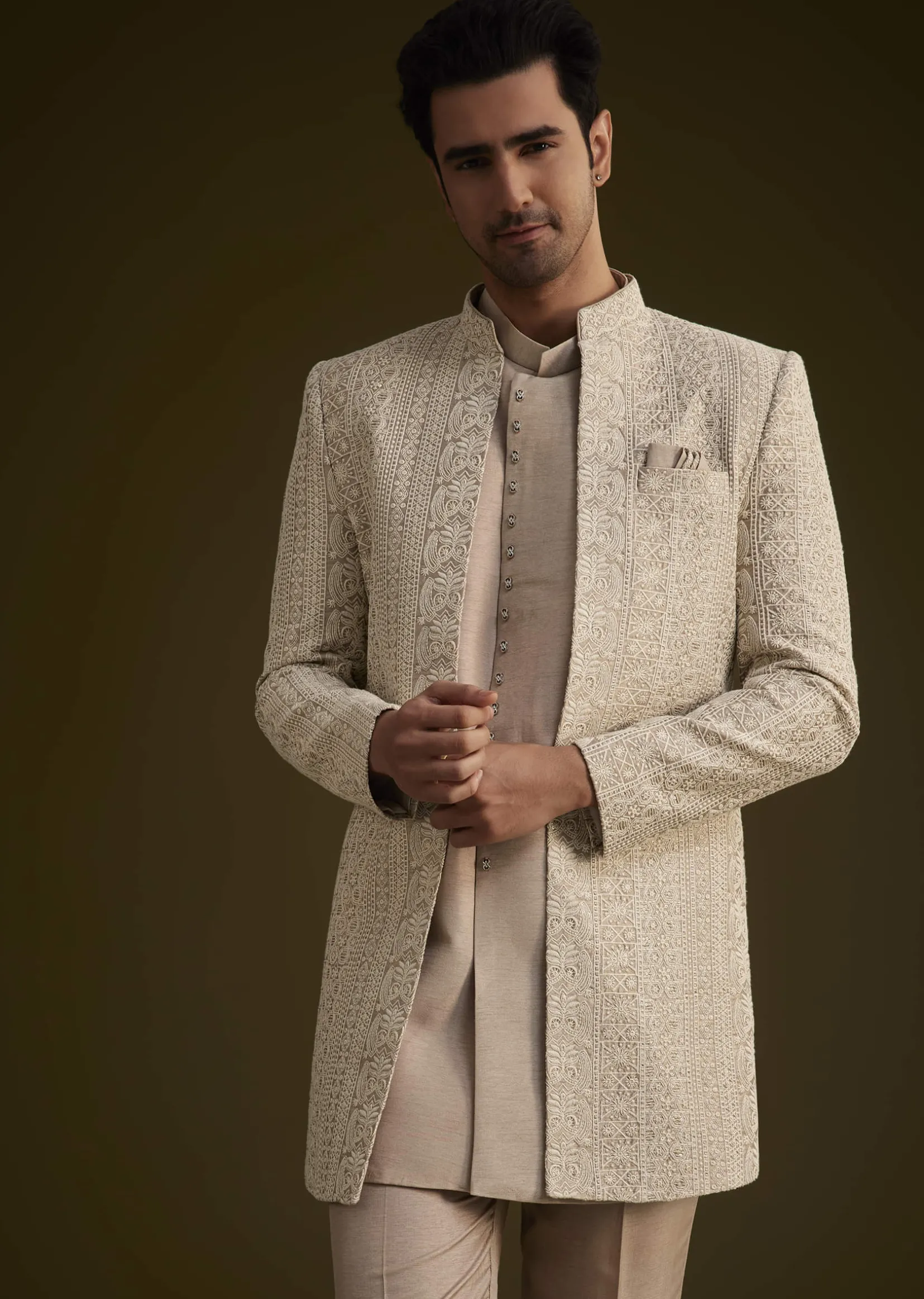 Lilac Silk Open Style Sherwani Set With Resham Thread Work