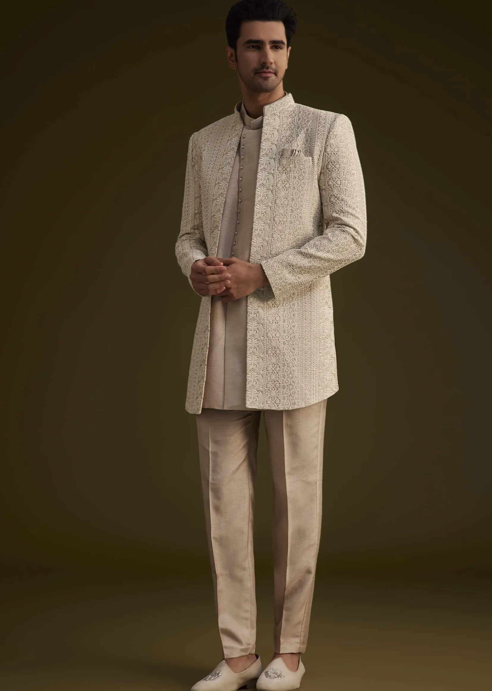 Lilac Silk Open Style Sherwani Set With Resham Thread Work