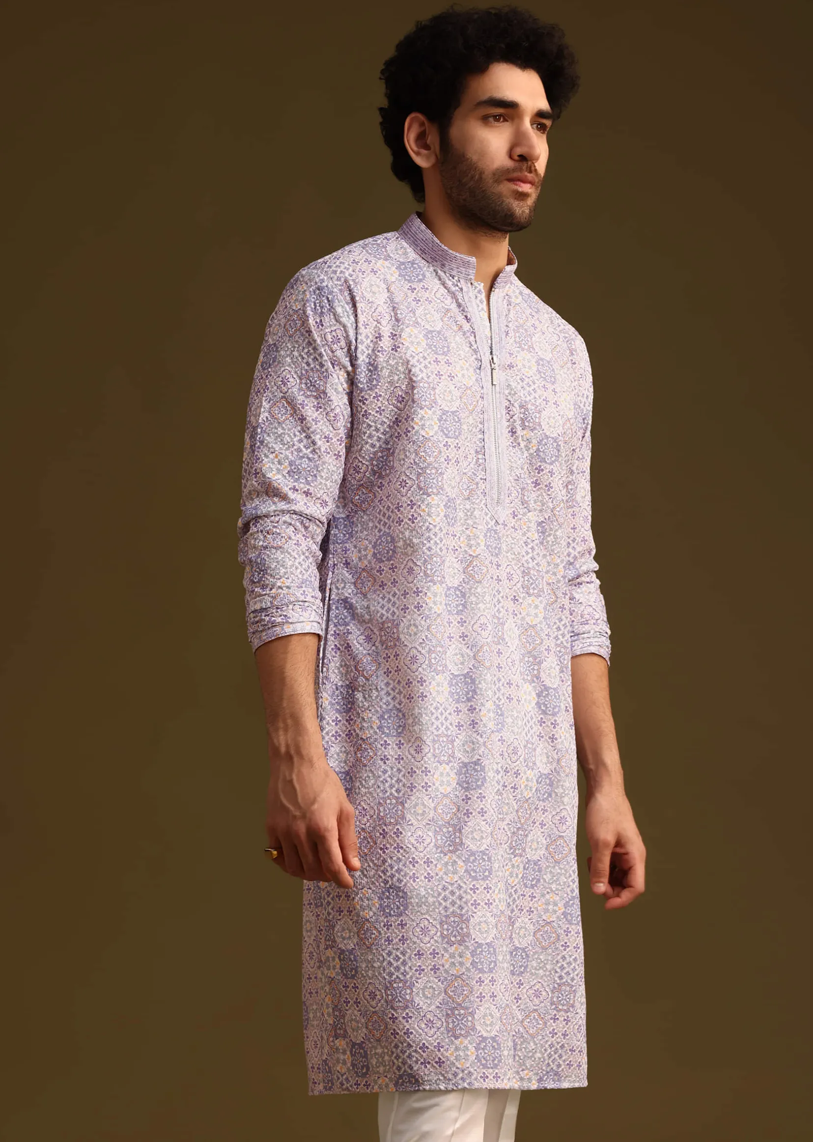 Lilac Silk Printed Kurta Set