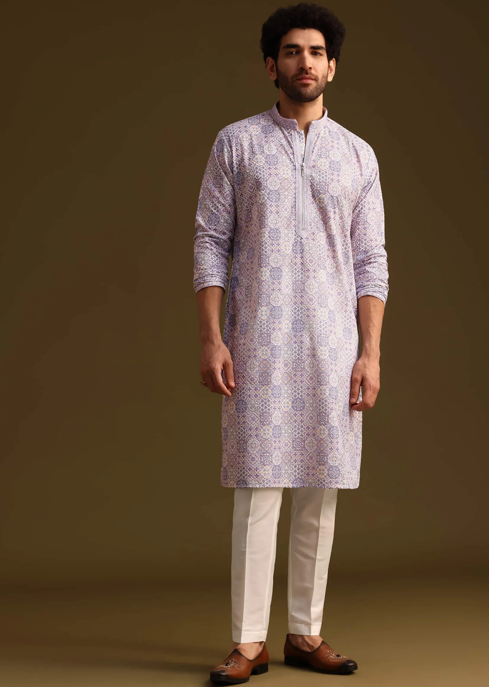 Lilac Silk Printed Kurta Set