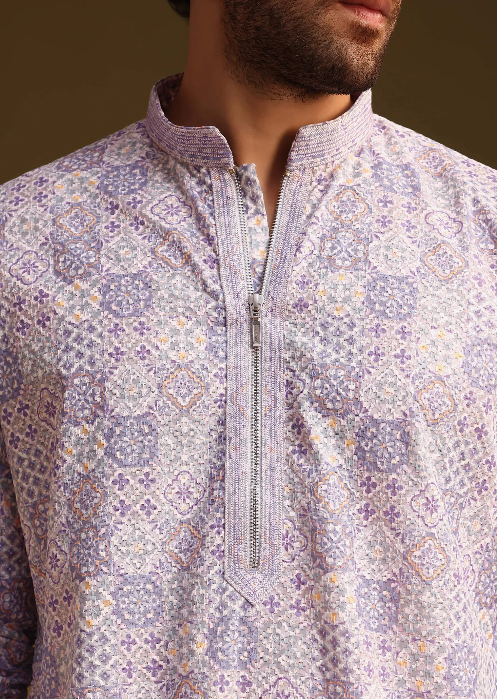 Lilac Silk Printed Kurta Set