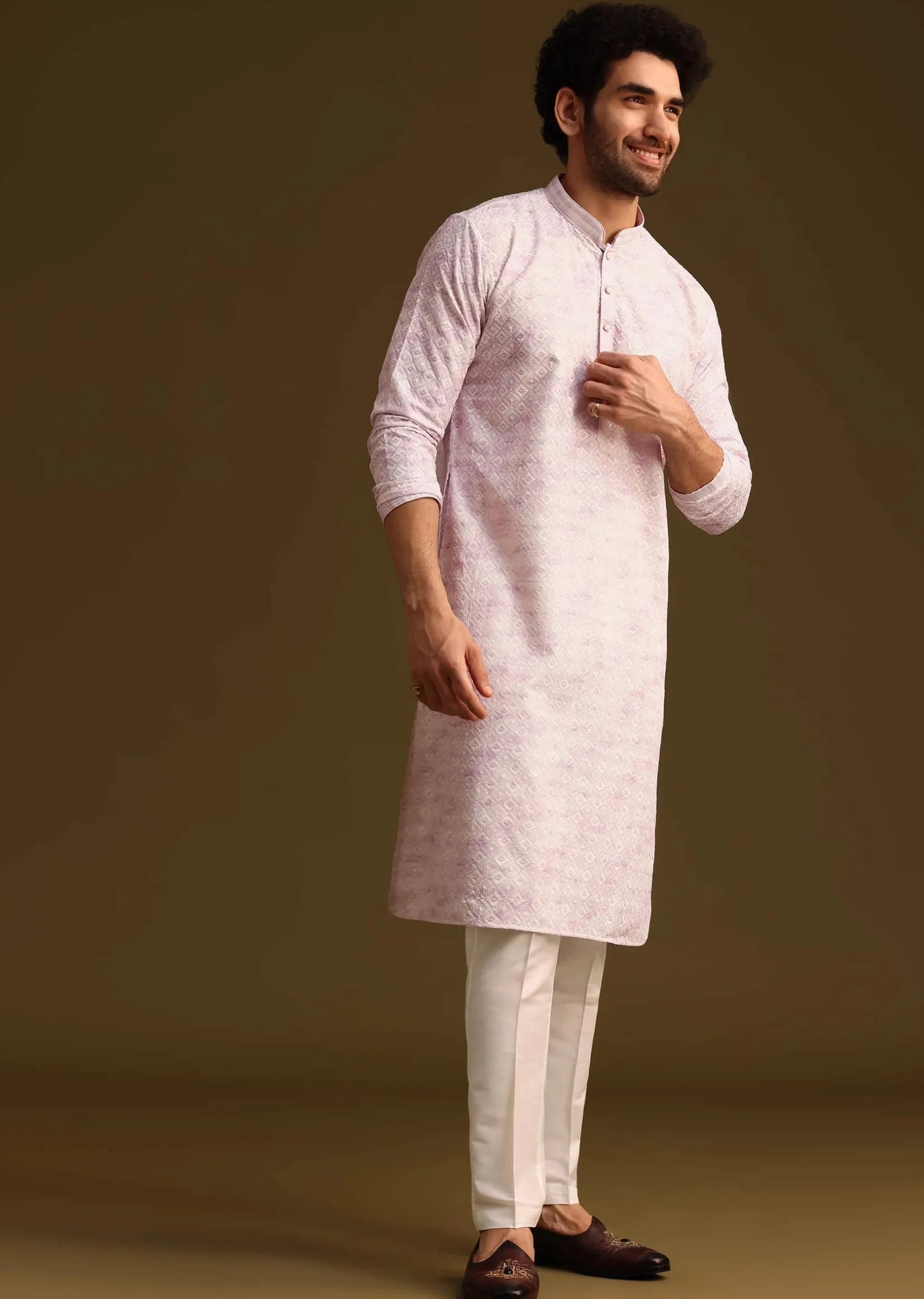 Lilac Silk Schiffli Work Kurta And Pant