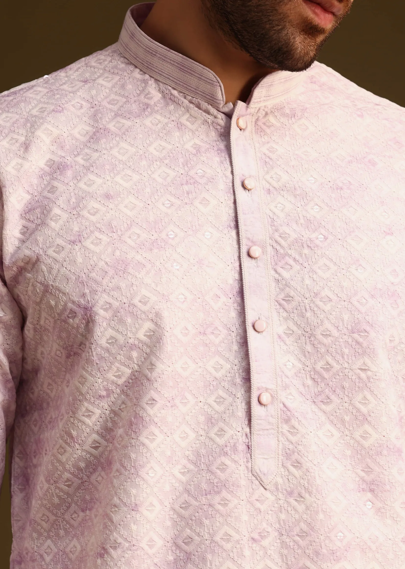 Lilac Silk Schiffli Work Kurta And Pant